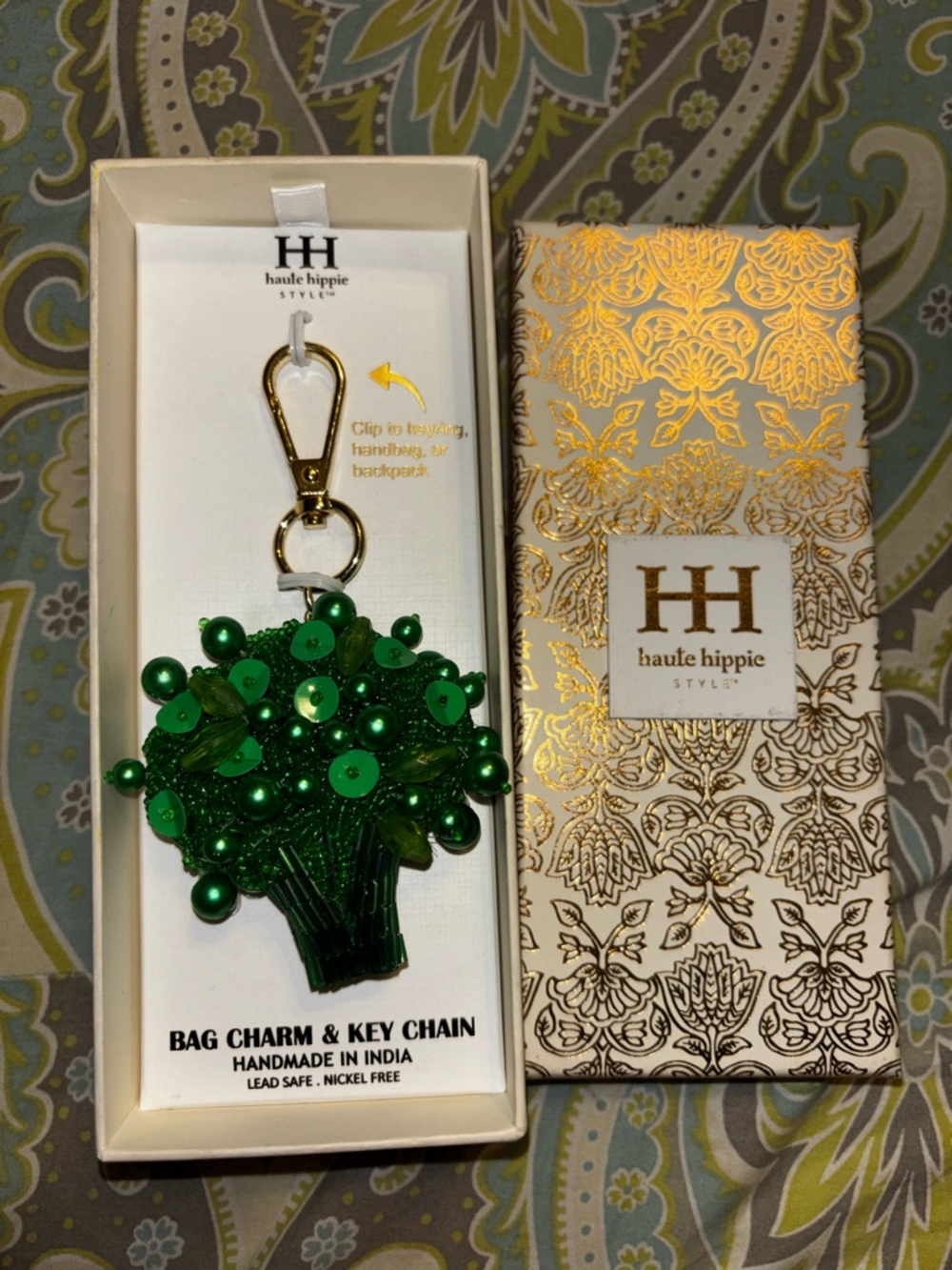 Haute Hippie Green Sequin Broccoli Bag Charm with Gold Clip